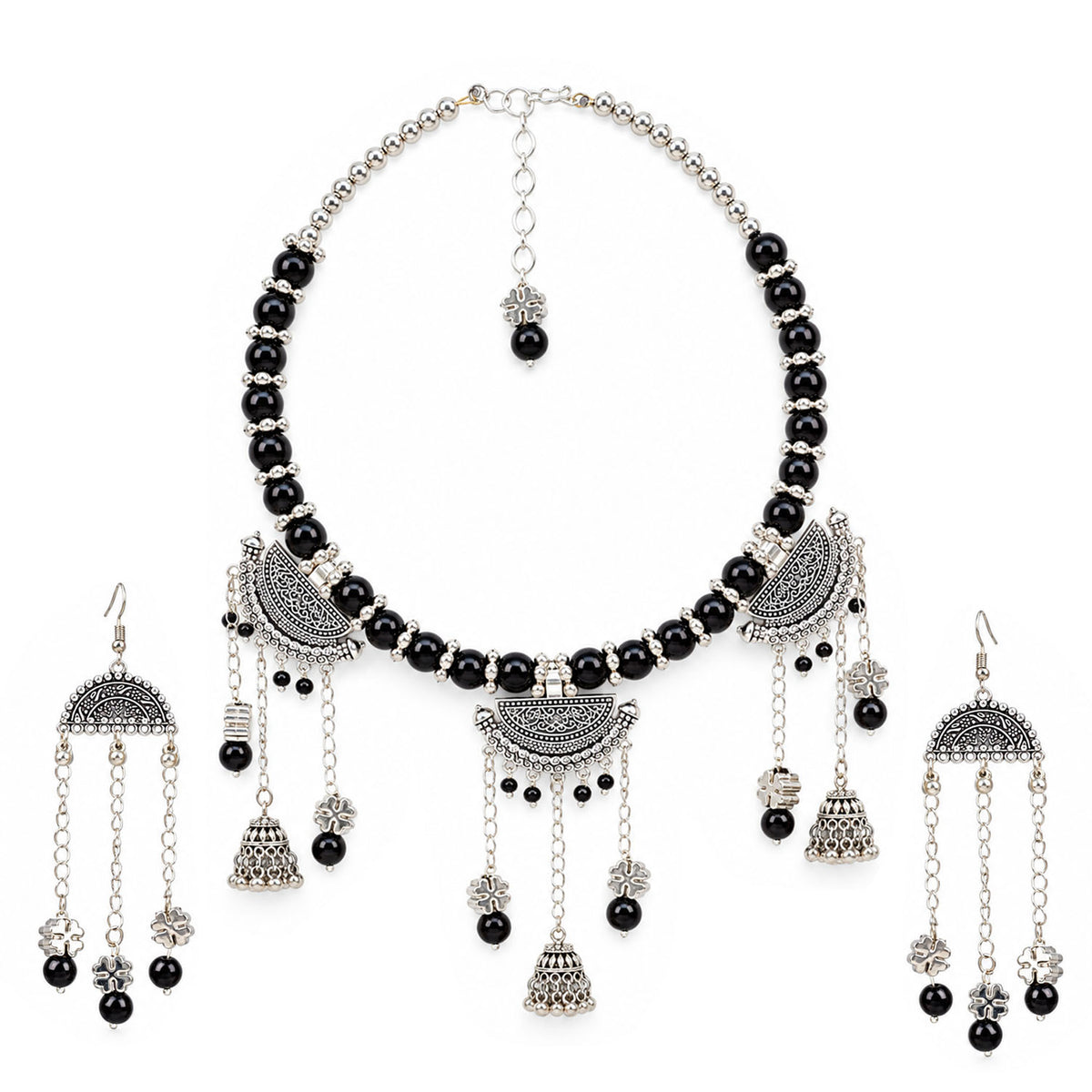 Oxidized German Silver Black Beaded Necklace, Bracelet & Dangle Earrings Set – 3-Piece Ethnic Wire Collar Jewellery Set for Women, Navratri Special