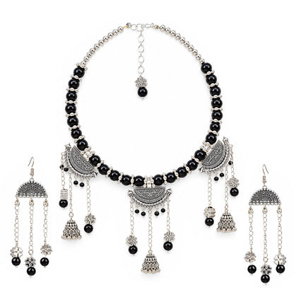Oxidized German Silver Black Beaded Necklace, Bracelet & Dangle Earrings Set – 3-Piece Ethnic Wire Collar Jewellery Set for Women, Navratri Special