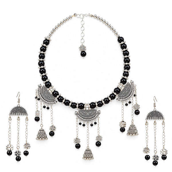 Oxidized German Silver Black Beaded Necklace, Bracelet & Dangle Earrings Set – 3-Piece Ethnic Wire Collar Jewellery Set for Women, Navratri Special
