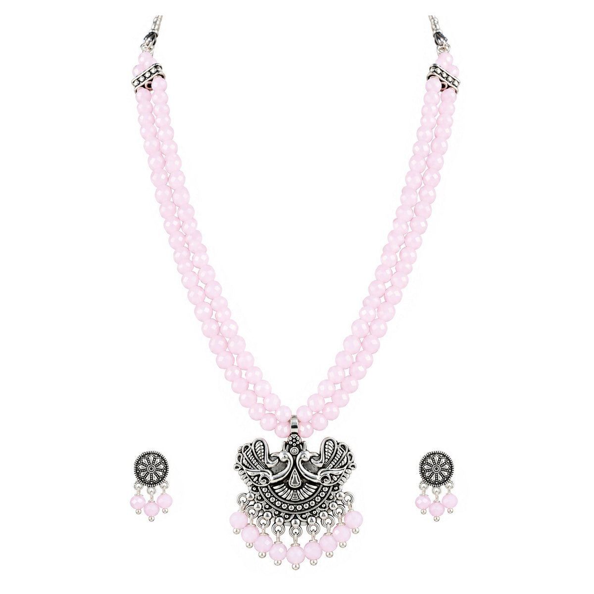 JFL - Jewellery for Less Oxidized German Silver Pink Beads Double Strand Peacock Pendant Necklace with Earrings Set for Women | Antique Silver Design Jewellery Set | Navratri Special Traditional Jewellery
