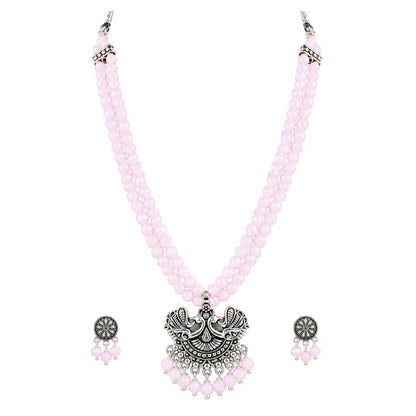 JFL - Jewellery for Less Oxidized German Silver Pink Beads Double Strand Peacock Pendant Necklace with Earrings Set for Women | Antique Silver Design Jewellery Set | Navratri Special Traditional Jewellery