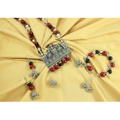 JFL-Jewellery for Less Maroon & Black Beaded Necklace Earrings Bracelet Set with Oxidised Silver Floral Temple Pendant & Jhumka Danglers – Jewellery for Women & Girls – Navratri, Garba