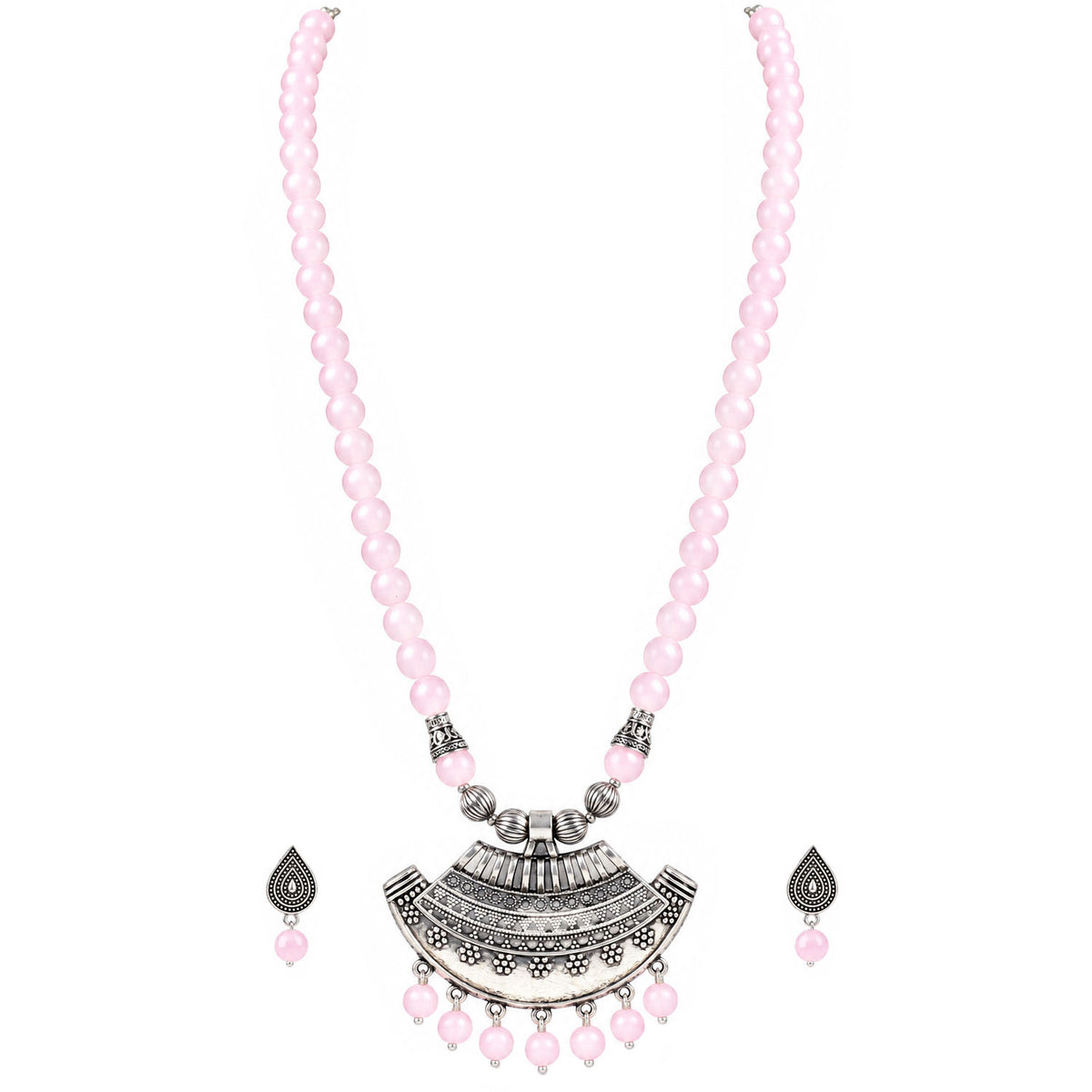 Oxidized German Silver Half Moon Pendant Necklace with Baby Pink Beads and Matching Earrings & Bracelet – Navratri Special Traditional Jewellery Set for Women