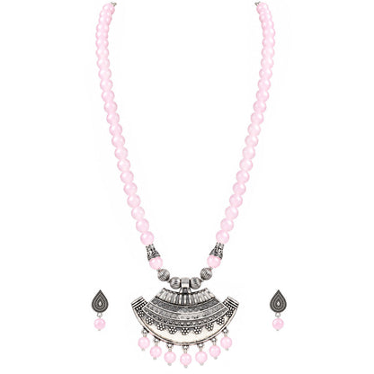 Oxidized German Silver Half Moon Pendant Necklace with Baby Pink Beads and Matching Earrings & Bracelet – Navratri Special Traditional Jewellery Set for Women