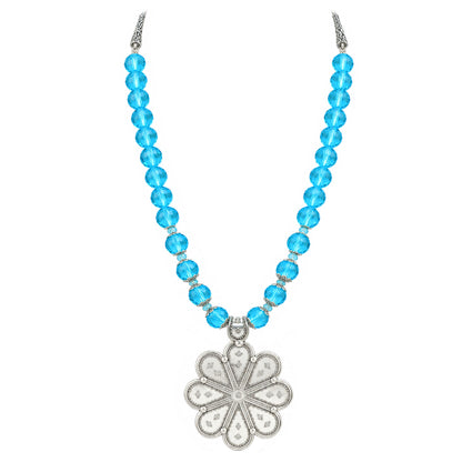 JFL - Jewellery for Less Oxidized Silver Floral Pendant Sky Blue Beaded Necklace Earrings with Bracelet Set for Women – Navratri Special Traditional Jewellery Set