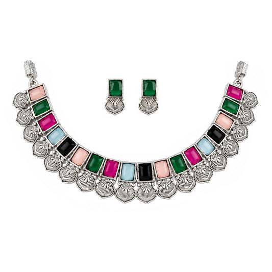 Oxidized Silver Multicolor Stone Choker Necklace with Earrings Set – Navratri Special Traditional Antique Jewellery Set for Women & Girls