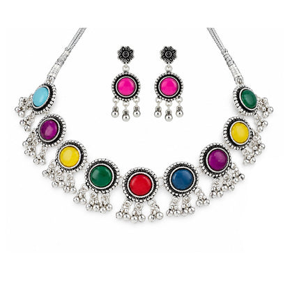 JFL - Jewellery for Less Oxidized German Silver Necklace Set with Earrings and Bracelet – Round Colorful Stone Choker Jewellery Set for Women & Girls, Traditional Ethnic Antique Silver Combo