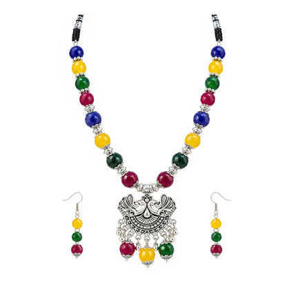 JFL - Jewellery for Less Oxidized German Silver Peacock Pendant Multicolour Beaded Necklace and Earrings with Bracelet Set for Women & Girls | Navratri Special Ethnic Jewellery Set