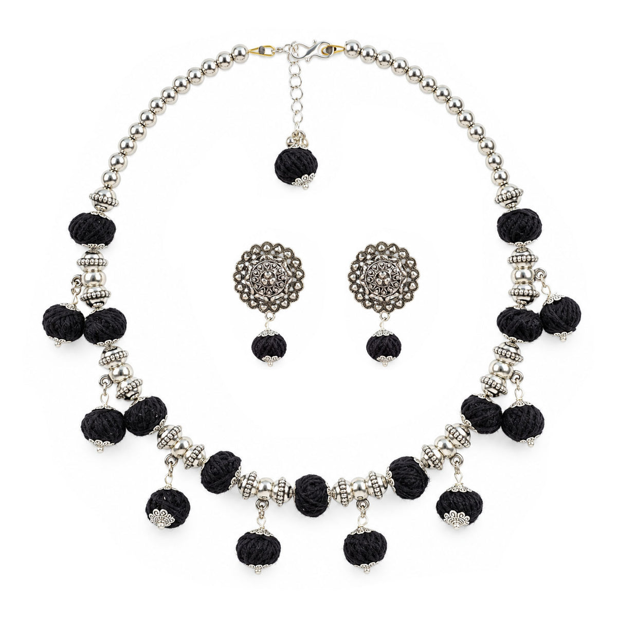 Oxidized German Silver Beaded Necklace with Black Thread Ball Danglers & Earrings Set – Ethnic Wire Collar Jewellery Set for Women, Navratri Special