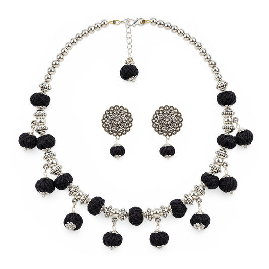 Oxidized German Silver Beaded Necklace with Black Thread Ball Danglers & Earrings Set – Ethnic Wire Collar Jewellery Set for Women, Navratri Special