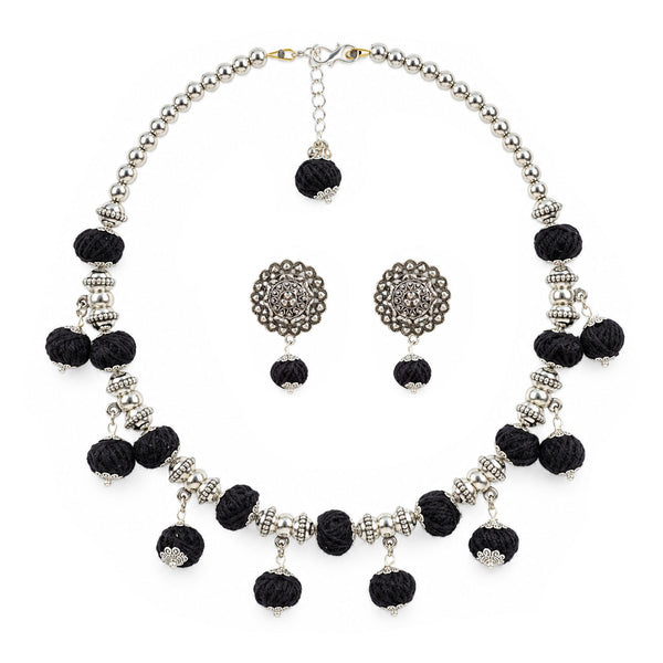 Oxidized German Silver Beaded Necklace with Black Thread Ball Danglers & Earrings Set – Ethnic Wire Collar Jewellery Set for Women, Navratri Special