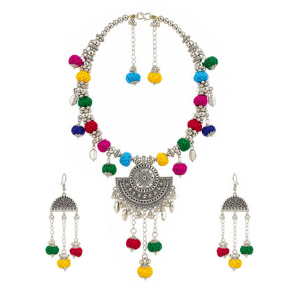 Oxidized German Silver Multicolor Thread Ball Necklace with Earrings, Bracelet – Ethnic Wire Collar Jewellery Set for Women, Navratri Special