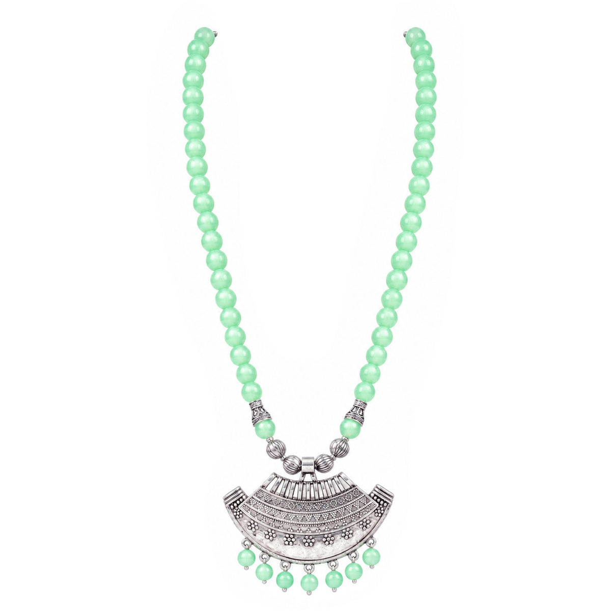 Oxidized German Silver Half Moon Pendant Necklace with Mint Green Beads and Matching Earrings & Bracelet – Navratri Special Traditional Jewellery Set for Women