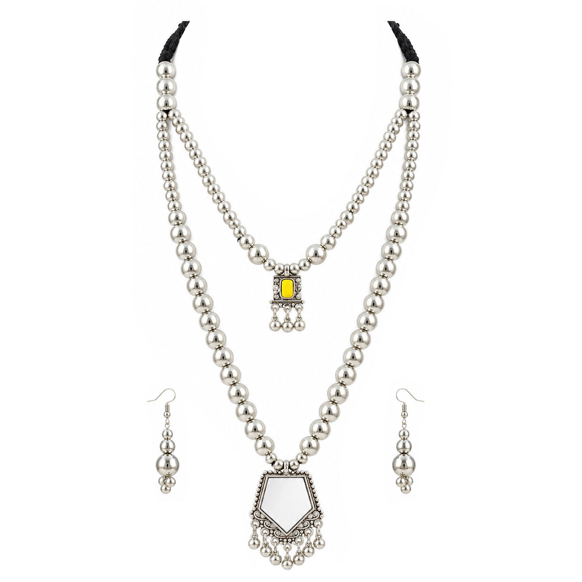 Oxidized German Silver Layered Necklace Set with Yellow Stone & Mirror Pendant, Beaded Drop Earrings, Bracelet – Navratri Special Ethnic Jewellery Set for Women & Girls