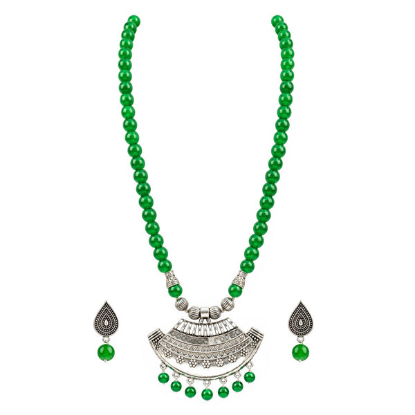 Oxidized German Silver Half Moon Pendant Necklace with Green Beads and Matching Earrings – Navratri Special Traditional Jewellery Set for Women