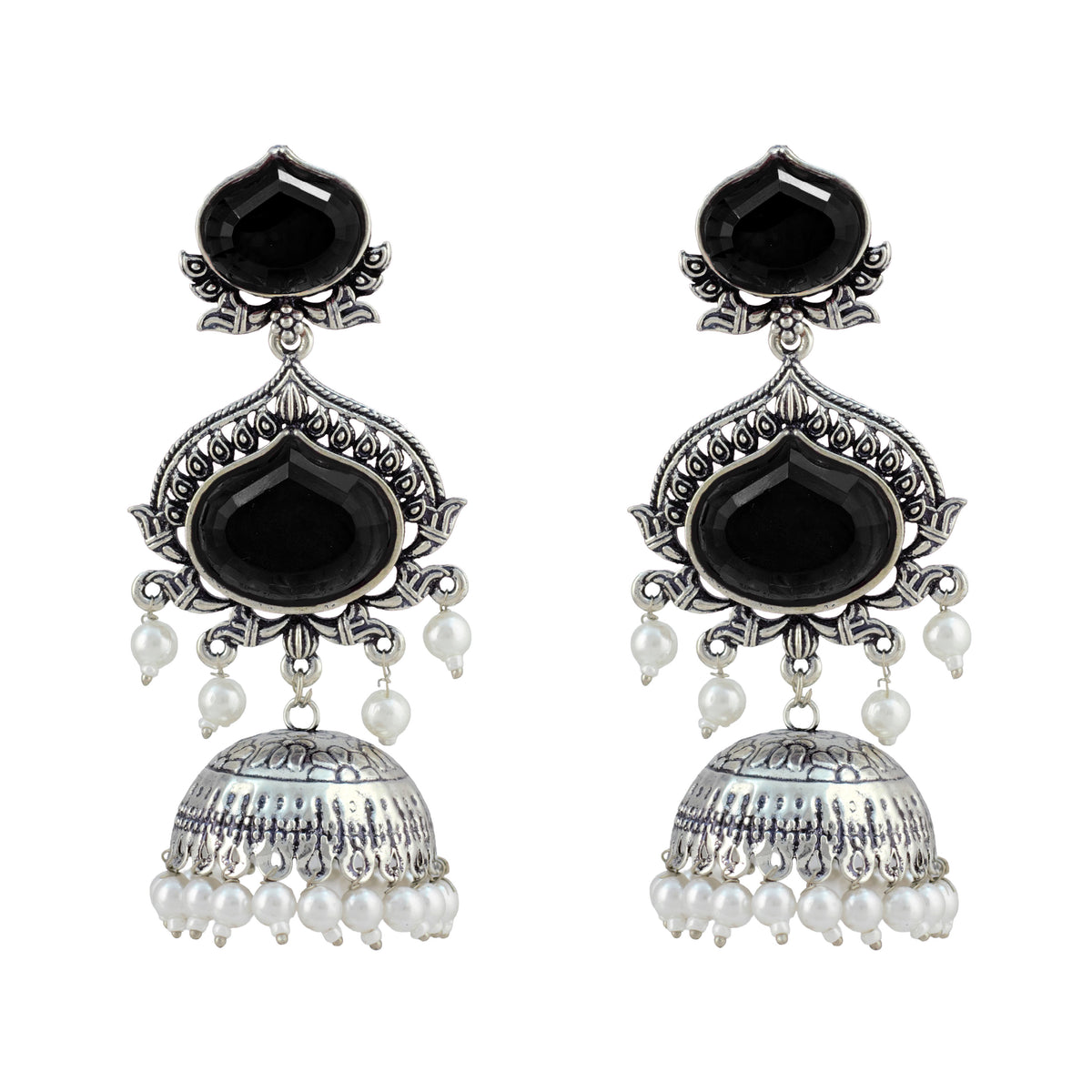 JFL - Jewellery for Less Oxidized Silver-Toned Jhumka Earrings with Black Stone and Pearl Drops – Traditional Ethnic Jewellery for Women