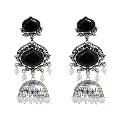 JFL - Jewellery for Less Oxidized Silver-Toned Jhumka Earrings with Black Stone and Pearl Drops – Traditional Ethnic Jewellery for Women