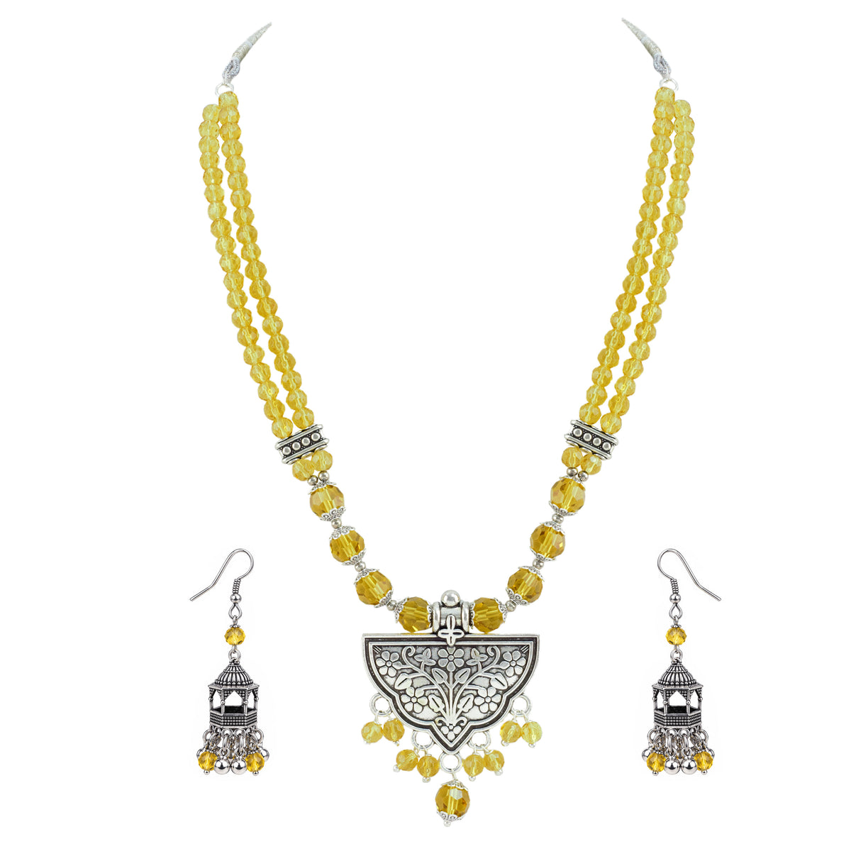JFL - Jewellery for Less Navratri Yellow Faceted Crystal Beads Necklace Earring with Bracelet Set for Women | Oxidized German Silver Jewellery | Traditional Ethnic Set for Festive & Wedding