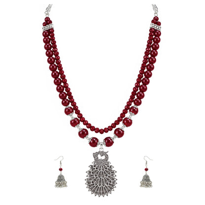 JFL - Jewellery for Less Maroon Beaded Double Layer Necklace Set with Oxidized Peacock Pendant & Matching Jhumkas – Ethnic Jewellery Set for Women