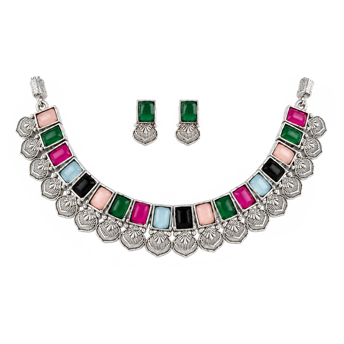 Oxidized Silver Multicolor Stone Choker Necklace and Earrings with Bracelet Set – Navratri Special Traditional Antique Jewellery Set for Women & Girls