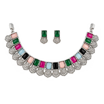 Oxidized Silver Multicolor Stone Choker Necklace and Earrings with Bracelet Set – Navratri Special Traditional Antique Jewellery Set for Women & Girls