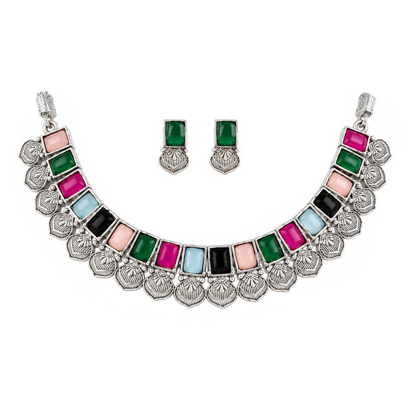 Oxidized Silver Multicolor Stone Choker Necklace and Earrings with Bracelet Set – Navratri Special Traditional Antique Jewellery Set for Women & Girls