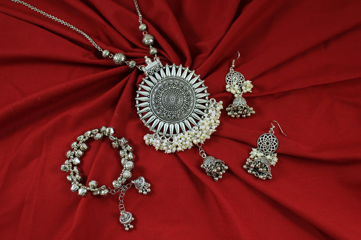 JFL‑Jewellery for Less Oxidised Silver Jewellery Set–Necklace,Earrings & Ghungroo Bracelet with Intricate Circular Pendant and White Bead Fringe, Matching Danglers-For Women & Girls–Navratri,Garba