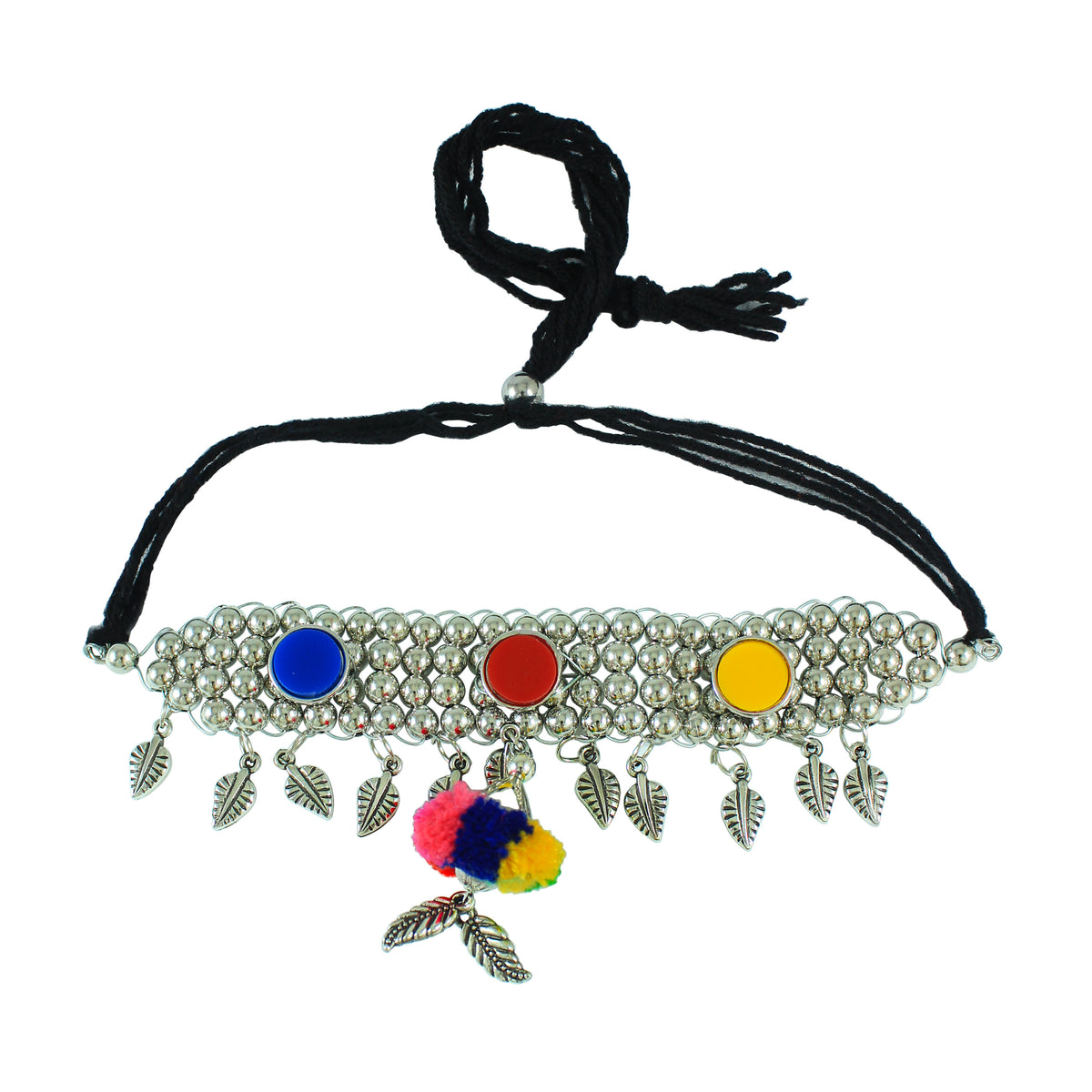 JFL - Jewellery for Less Navratri Special Oxidised Silver-Plated Multicolor Pom-Pom Beaded Necklace with Matching Earrings – Traditional Multicolor Thread Ethnic Jewellery Combo for Women & Girls