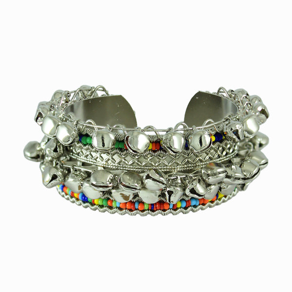 JFL - Jewellery for Less Navratri Special Oxidised Silver Ghungroo with Multicolor Beaded Kada Bracelet for Women & Girls