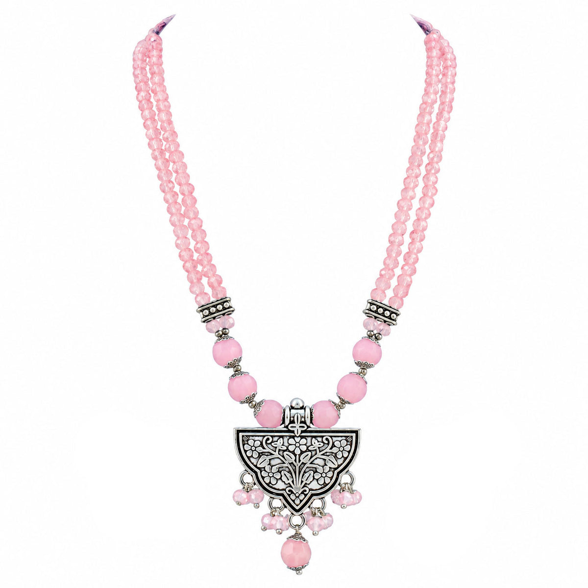 JFL - Jewellery for Less Navratri Necklace Set with Bracelet for Women | German Silver Oxidised Jewellery | Floral Pendant with Blush Pink Beads & Sunflower Earrings | Traditional Ethnic Necklace Set for Garba, Dandiya & Festive