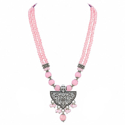 JFL - Jewellery for Less Navratri Necklace Set with Bracelet for Women | German Silver Oxidised Jewellery | Floral Pendant with Blush Pink Beads & Sunflower Earrings | Traditional Ethnic Necklace Set for Garba, Dandiya & Festive