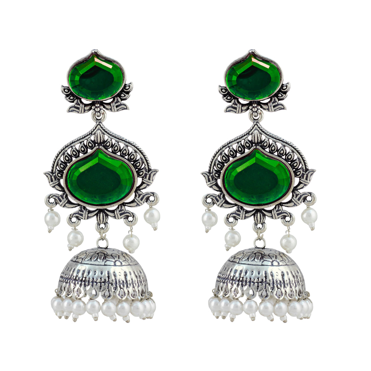 JFL - Jewellery for Less Oxidized Silver-Toned Jhumka Earrings with Green Stone and Pearl Drops – Traditional Ethnic Jewellery for Women