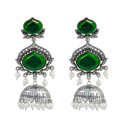 JFL - Jewellery for Less Oxidized Silver-Toned Jhumka Earrings with Green Stone and Pearl Drops – Traditional Ethnic Jewellery for Women