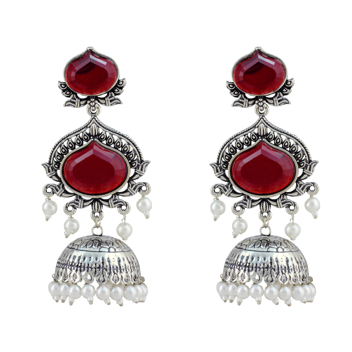 JFL - Jewellery for Less Oxidized Silver-Toned Jhumka Earrings with Maroon Stone and Pearl Drops – Traditional Ethnic Jewellery for Women