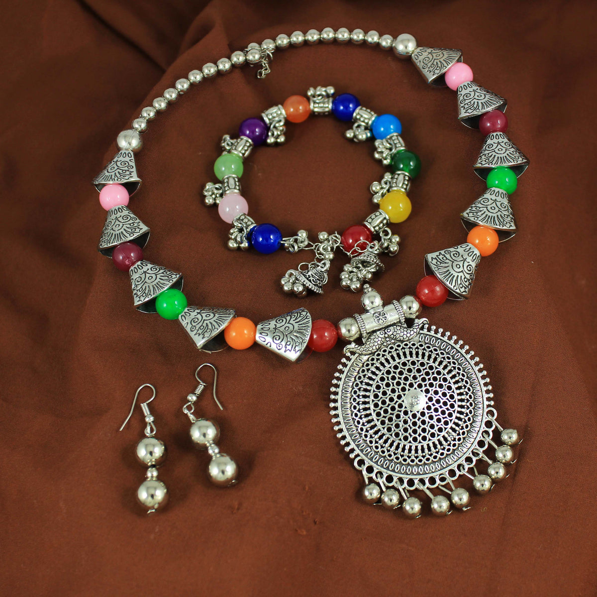 JFL - Jewellery for Less Handcrafted Oxidised Necklace Earrings Bracelet Set – Multicolour Beaded Ethnic Jewellery for Women & Girls – Navratri, Garba
