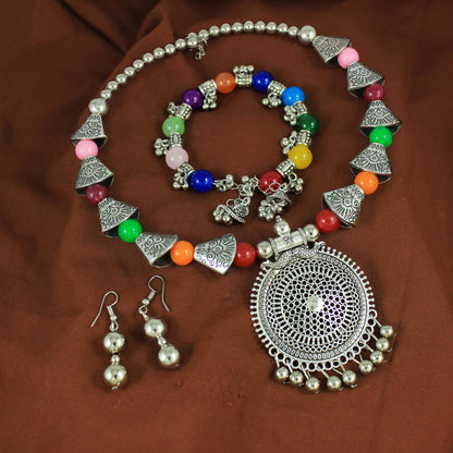 JFL - Jewellery for Less Handcrafted Oxidised Necklace Earrings Bracelet Set – Multicolour Beaded Ethnic Jewellery for Women & Girls – Navratri, Garba