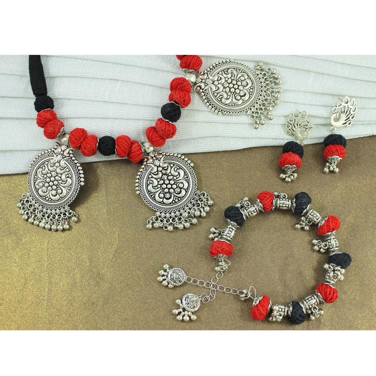 JFL‑Jewellery for Less Red & Black Thread Beaded Jewellery Set – Necklace, Earrings & Bracelet with Oxidised Silver Circular Floral Pendants & Dangling Charms– Women & Girls – Navratri, Garba