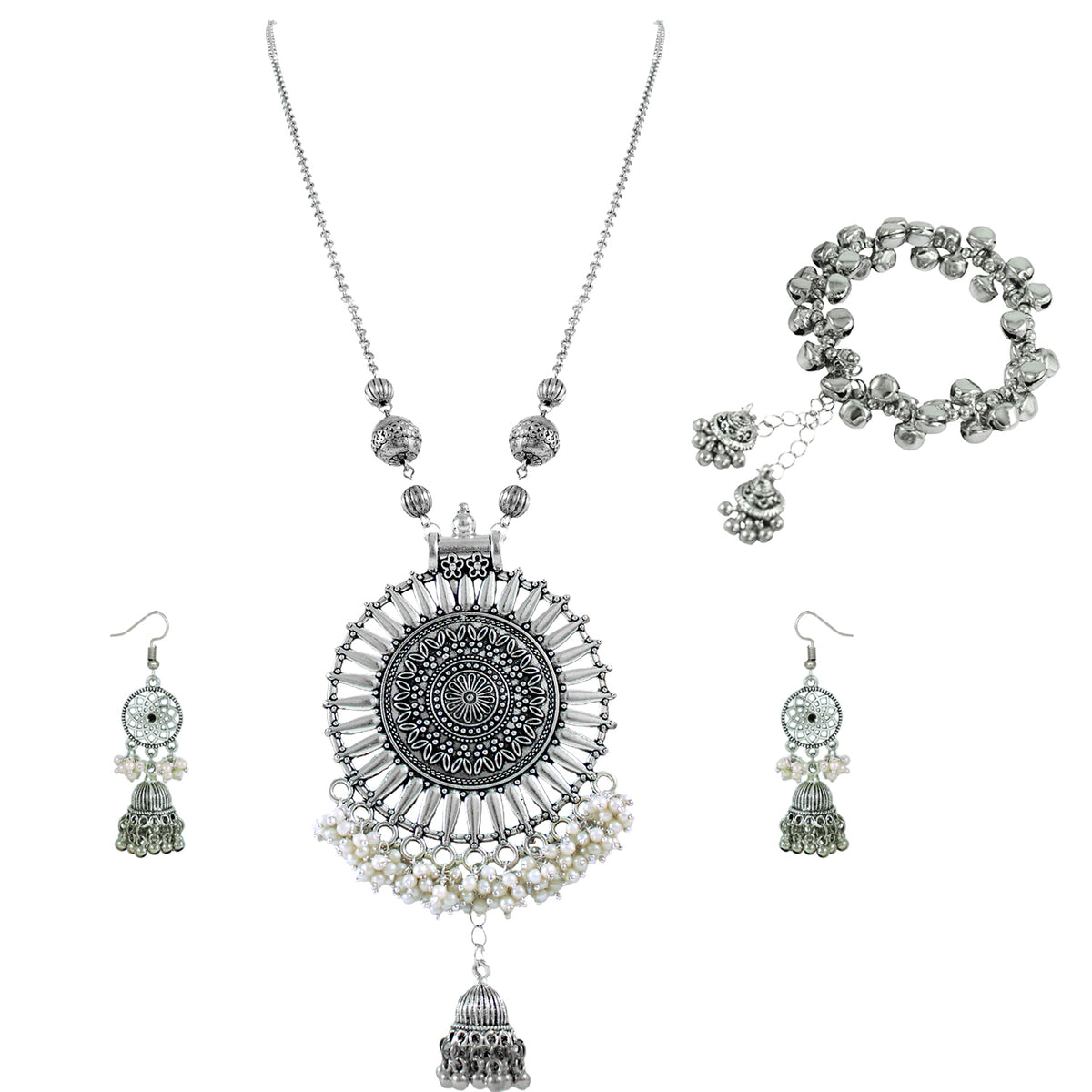 JFL‑Jewellery for Less Oxidised Silver Jewellery Set–Necklace,Earrings & Ghungroo Bracelet with Intricate Circular Pendant and White Bead Fringe, Matching Danglers-For Women & Girls–Navratri,Garba
