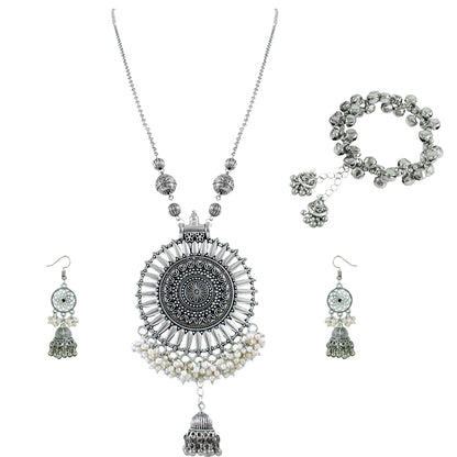 JFL‑Jewellery for Less Oxidised Silver Jewellery Set–Necklace,Earrings & Ghungroo Bracelet with Intricate Circular Pendant and White Bead Fringe, Matching Danglers-For Women & Girls–Navratri,Garba