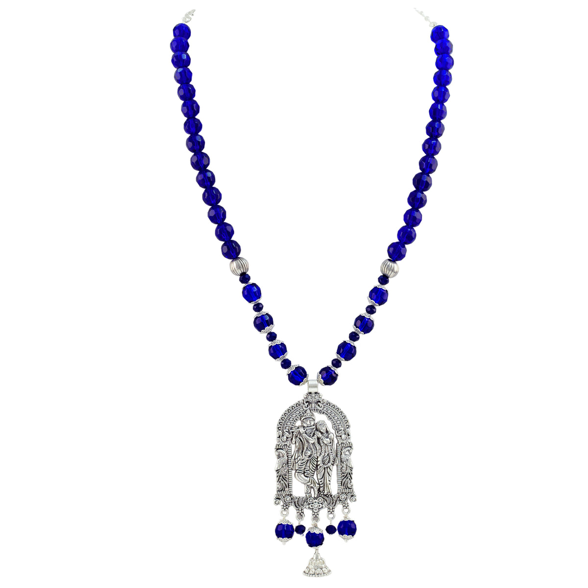 JFL - Jewellery for Less Oxidized German Silver Radha Krishna Pendant Necklace Set with Jhumki Earrings for Women | Royal Blue Beaded Traditional Ethnic Jewellery Set | Navratri Festive