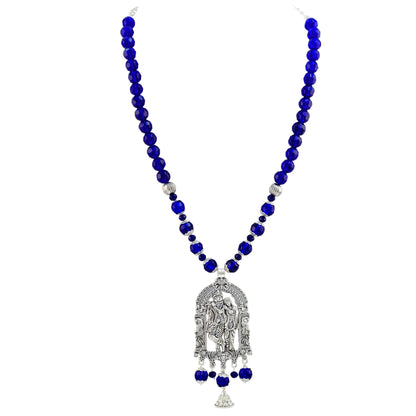 JFL - Jewellery for Less Oxidized German Silver Radha Krishna Pendant Necklace Set with Jhumki Earrings for Women | Royal Blue Beaded Traditional Ethnic Jewellery Set | Navratri Festive