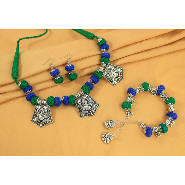 JFL-Jewellery for Less Blue & Green Cotton Thread Necklace Earrings Bracelet Set with Oxidised Silver Ganesha Pendants & Jhumka – Handmade Jewellery for Women & Girls – Navratri, Garba