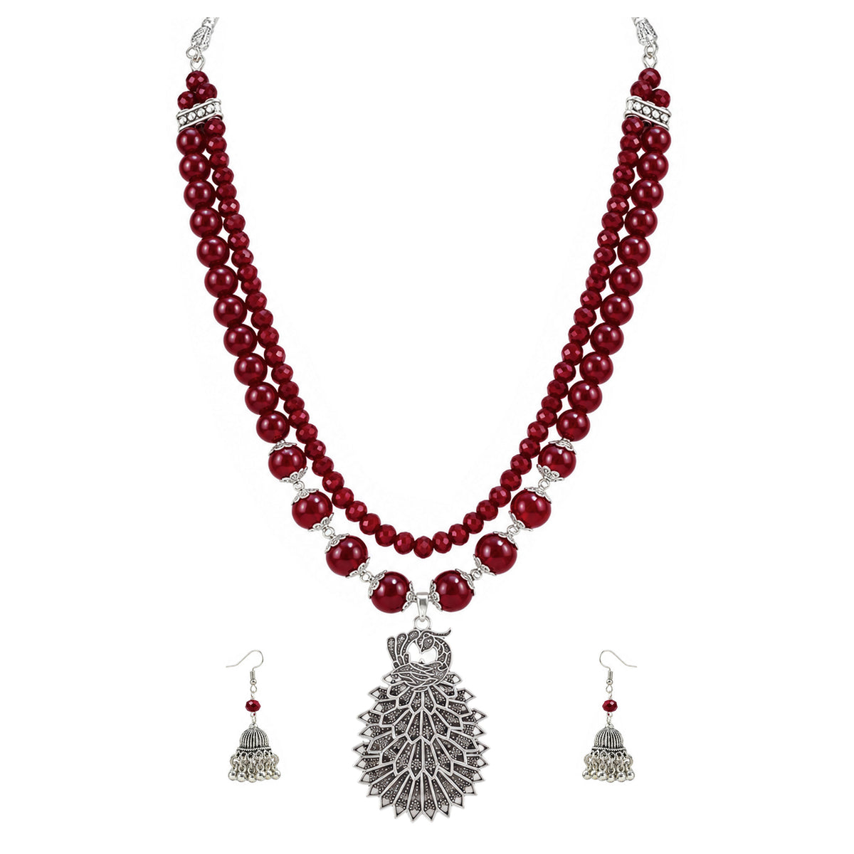 JFL - Jewellery for Less Maroon Beaded Double Layer Necklace Set with Oxidized Peacock Pendant & Matching Jhumkas with Bracelet – Ethnic Jewellery Set for Women