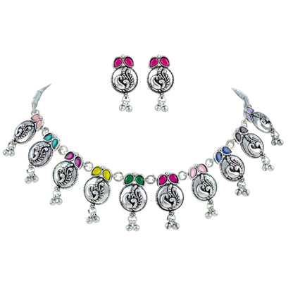 JFL - Jewellery for Less Oxidized German Silver Navratri Necklace Set – Colorful Stone Peacock Design Pendant Jewellery Set for Women & Girls, Traditional Ethnic Antique Silver Combo