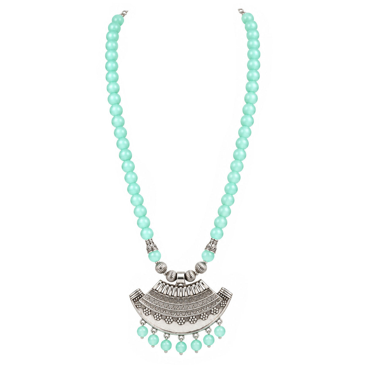 Oxidized German Silver Half Moon Pendant Necklace with Sea Green Beads and Matching Earrings & Bracelet – Navratri Special Traditional Jewellery Set for Women
