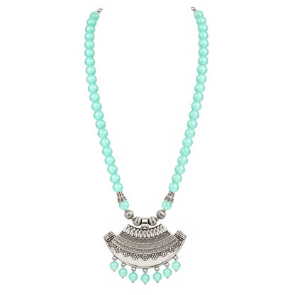 Oxidized German Silver Half Moon Pendant Necklace with Sea Green Beads and Matching Earrings & Bracelet – Navratri Special Traditional Jewellery Set for Women