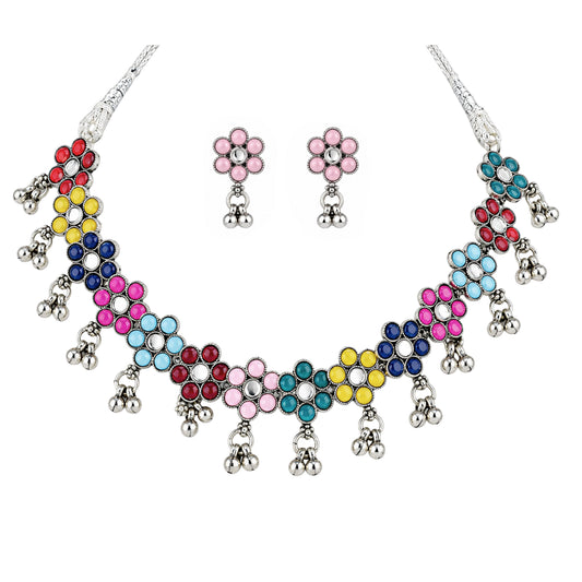JFL - Jewellery for Less Oxidized German Silver Flower Necklace Set with Earrings – Multicolor Stone Choker Jewellery Set for Women & Girls, Traditional Ethnic Antique Silver Combo