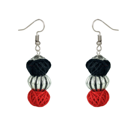 JFL‑Jewellery for Less Red & Black Cotton Thread Jewellery Set – Necklace,2 Pairs of Earrings with Oxidised Silver Circular Floral Pendant, Jhumka Danglers & Bead Drops –Navratri,Garba