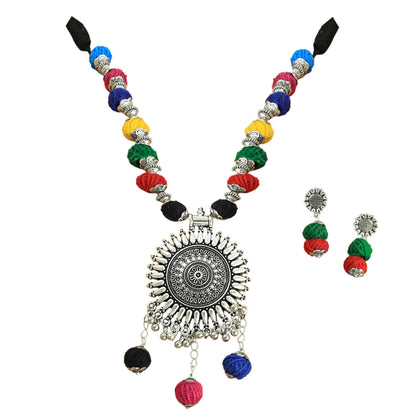 JFL-Jewellery for Less Multicolour Cotton Thread Jewellery Set – Necklace,Earrings & Bracelet with Oxidised Silver Ornate Pendant, Matching Beadwork & Dangling Charms – Navratri, Garba