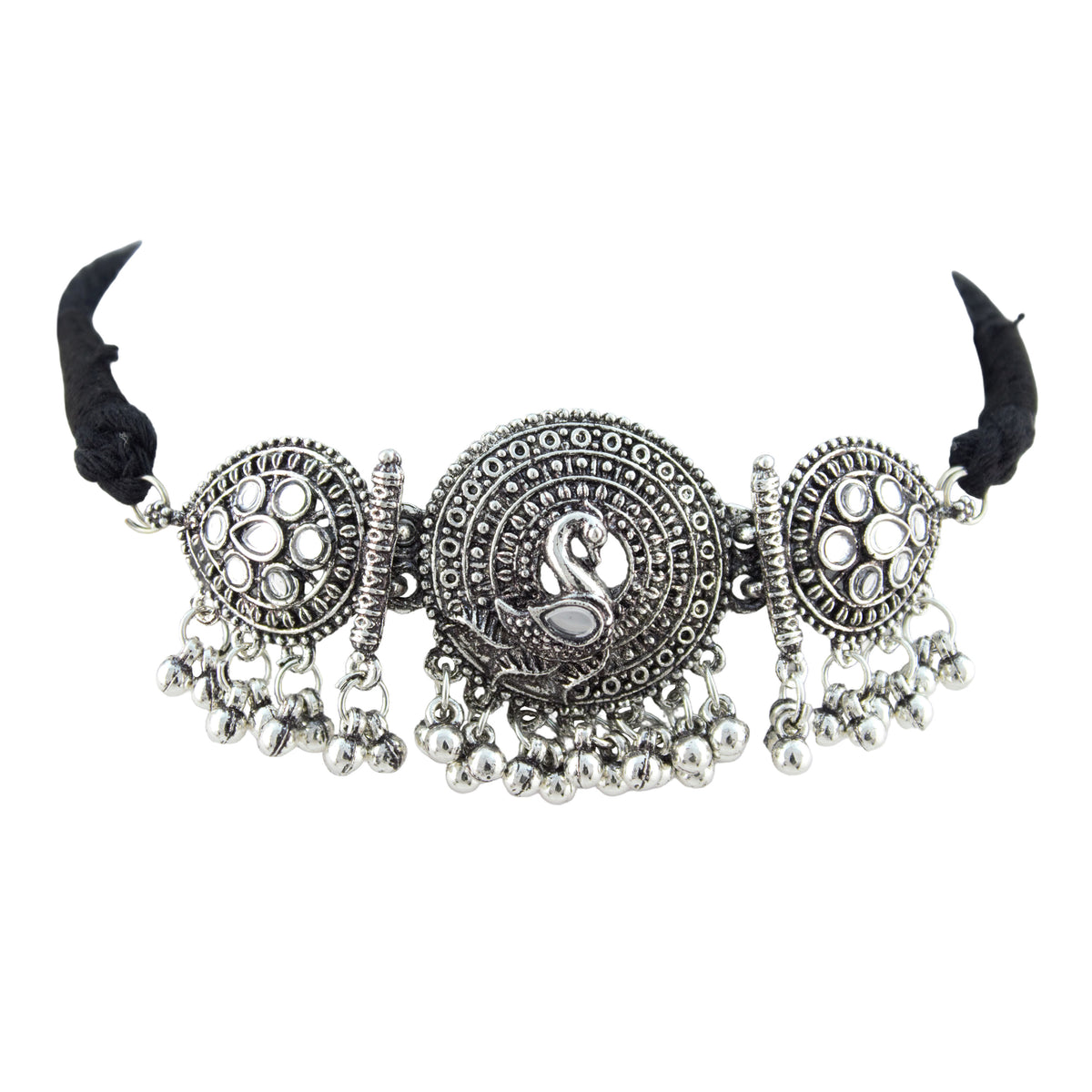 JFL - Jewellery for Less Oxidized German Silver Swan Pendant Necklace Set with Earrings and Bracelet – Mirror Work Choker on Black Thread for Women & Girls, Traditional Ethnic Jewellery Combo